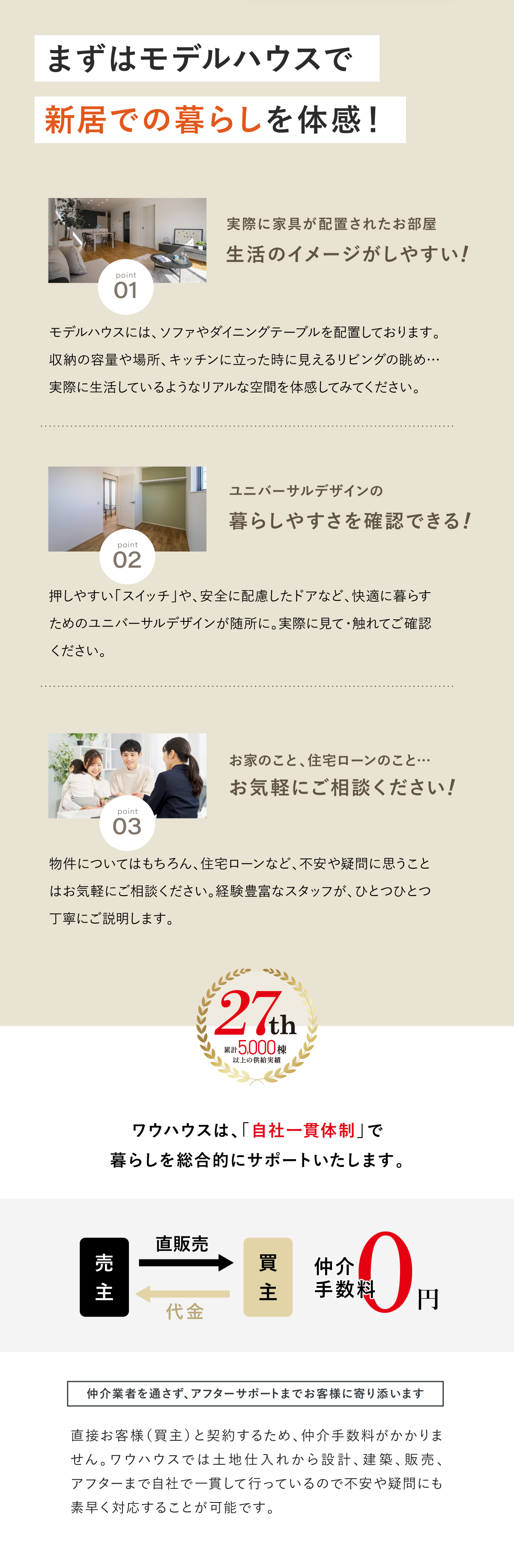 家具付きモデルハウスで新居の暮らしを体感／住宅ローン相談／ユニバーサルデザイン／売主物件／仲介手数料無料