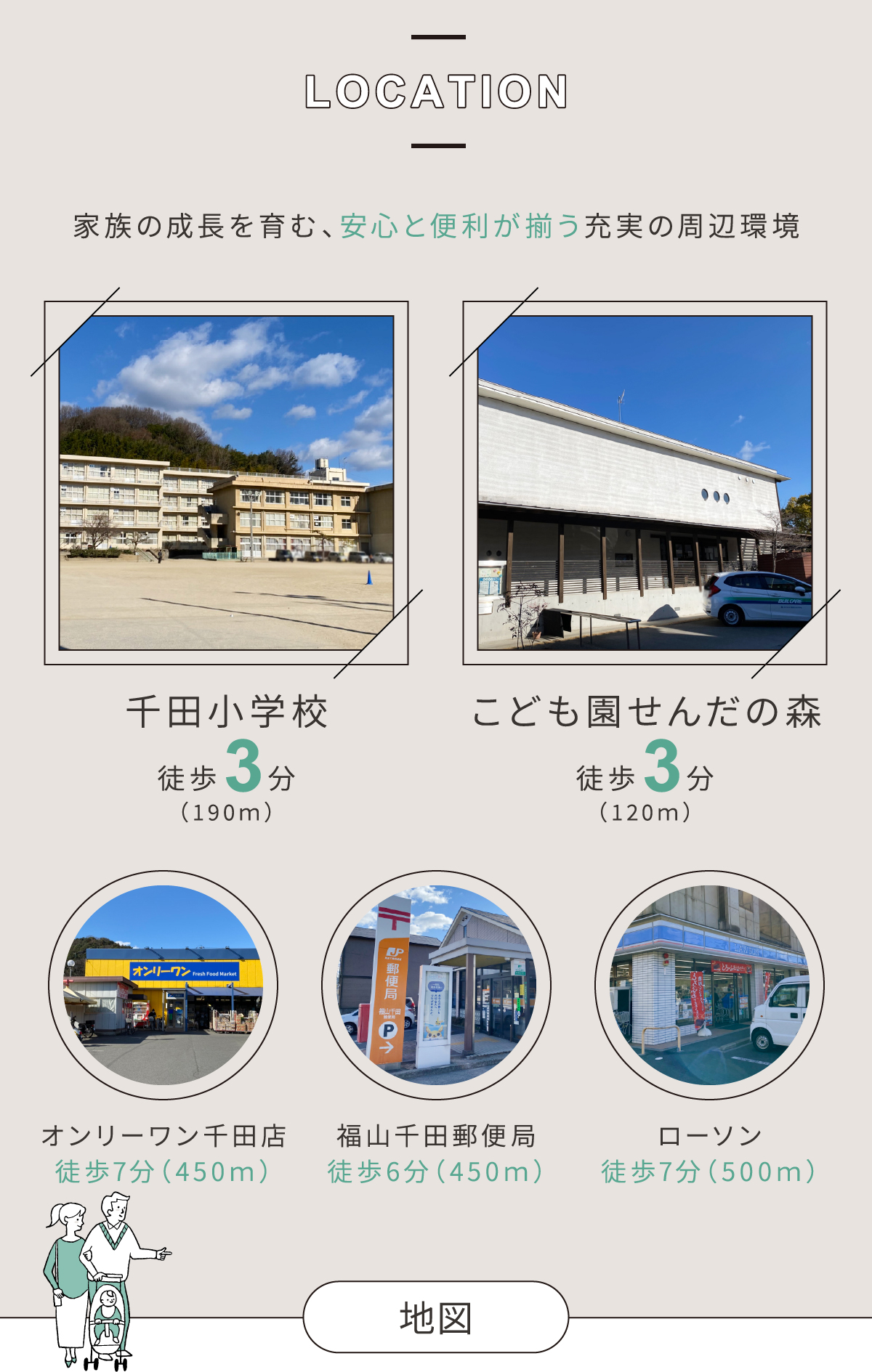 家族の成長を育む、安心と便利が揃う充実の周辺環境。千田小学校徒歩3分。オンリーワン千田店 徒歩7分(450m)ローソン 徒歩7分(500m)福山千田郵便局 徒歩6分(450m)