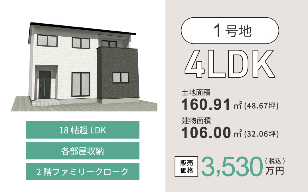 1号地／4LDK販売価格3,530万円(税込)／土地面積160.91㎡(48.67坪)／建物面積106.00㎡(32.06坪)
