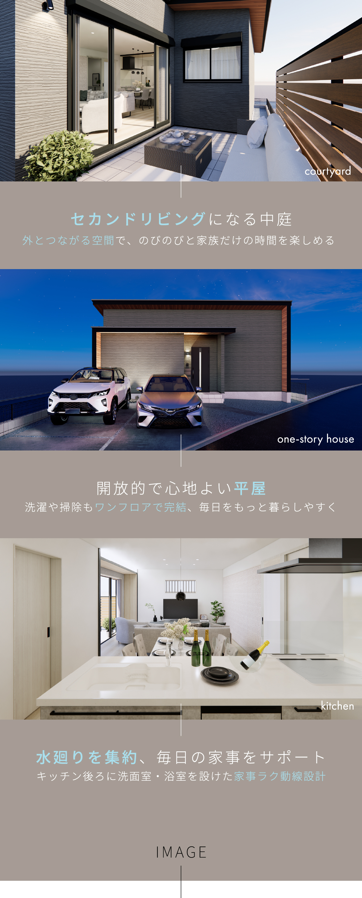 セカンドリビングになる中庭・開放的で心地よい平屋・水廻りを集約、毎日の家事をサポート