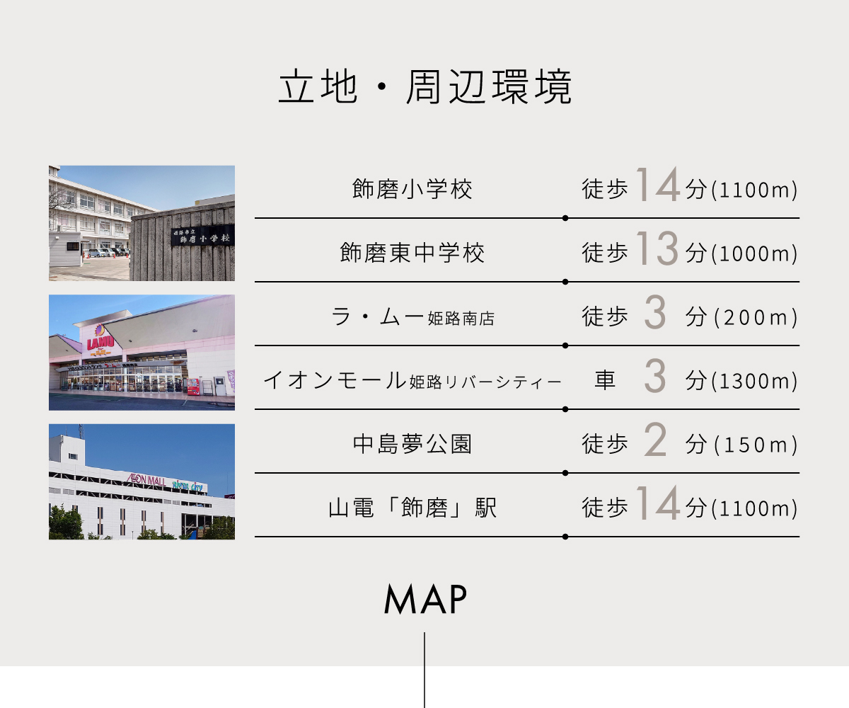 飾磨小学校区・飾磨東中学校区・ラムーまで徒歩3分・イオンモール姫路リバーシティーまで車3分の立地。
