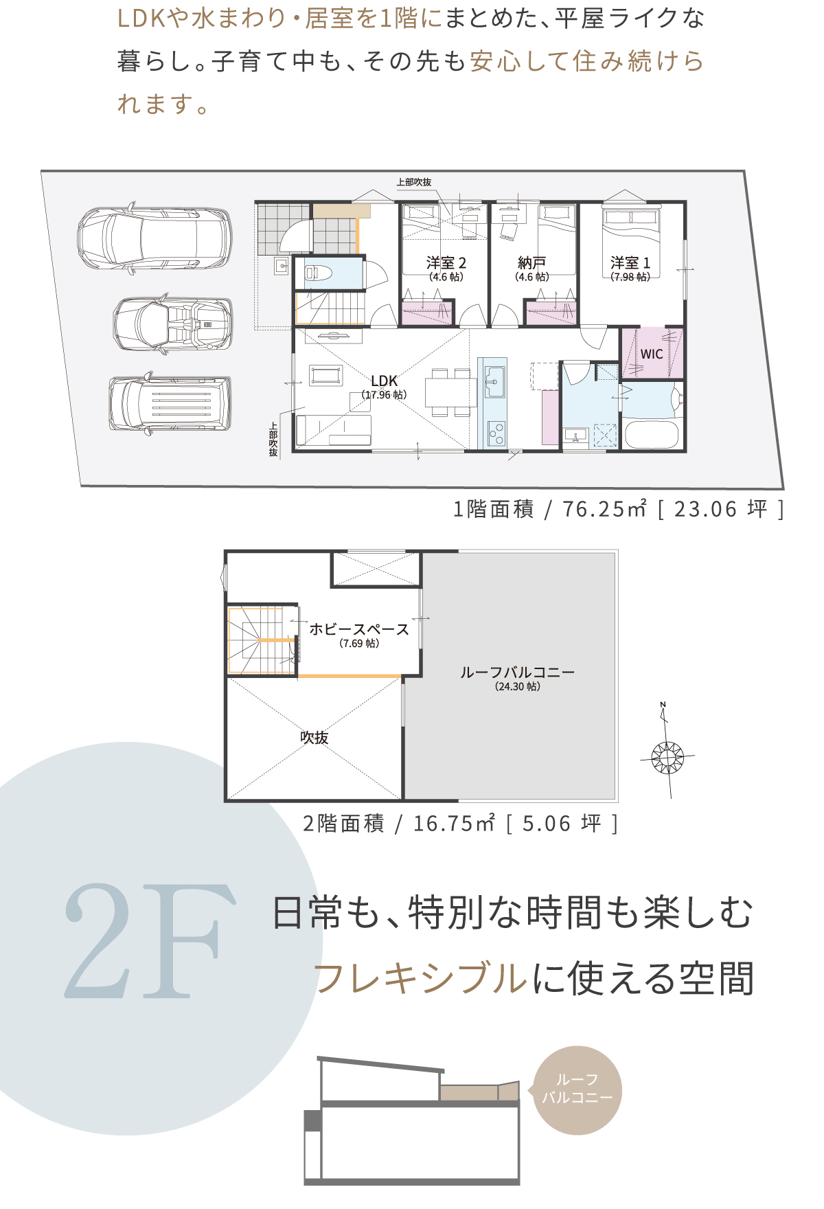 LDKや水まわり・居室を1階にまとめた、平屋ライクな暮らし。子育て中も、その先も安心して住み続けられます。