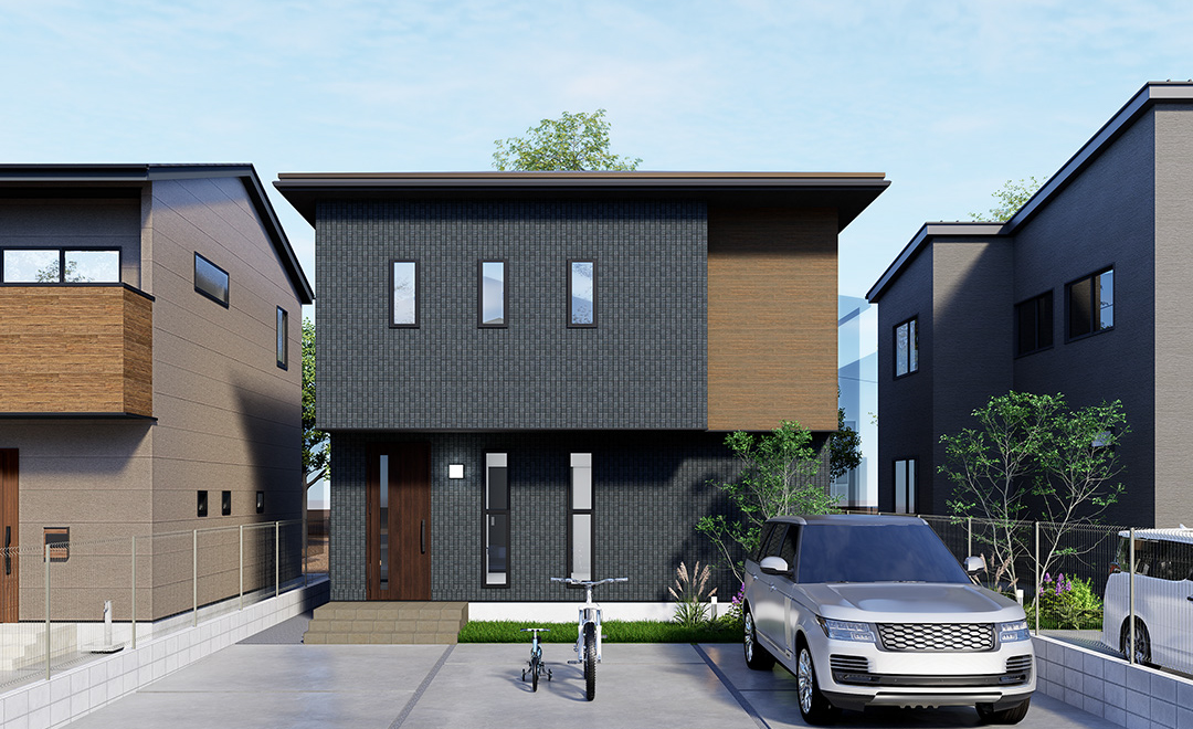 駐車3台可能。広々敷地。黒の外観がスタイリッシュ。