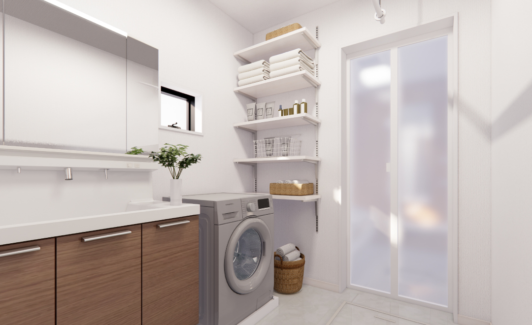 可動式棚の洗面収納はタオル等を収納できて使いやすい