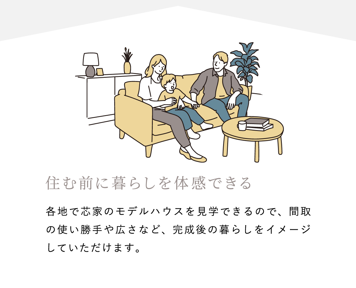 各地で芯家のモデルハウスを見学できるので、間取の使い勝手や広さなど、完成後の暮らしをイメージしていただけます。
