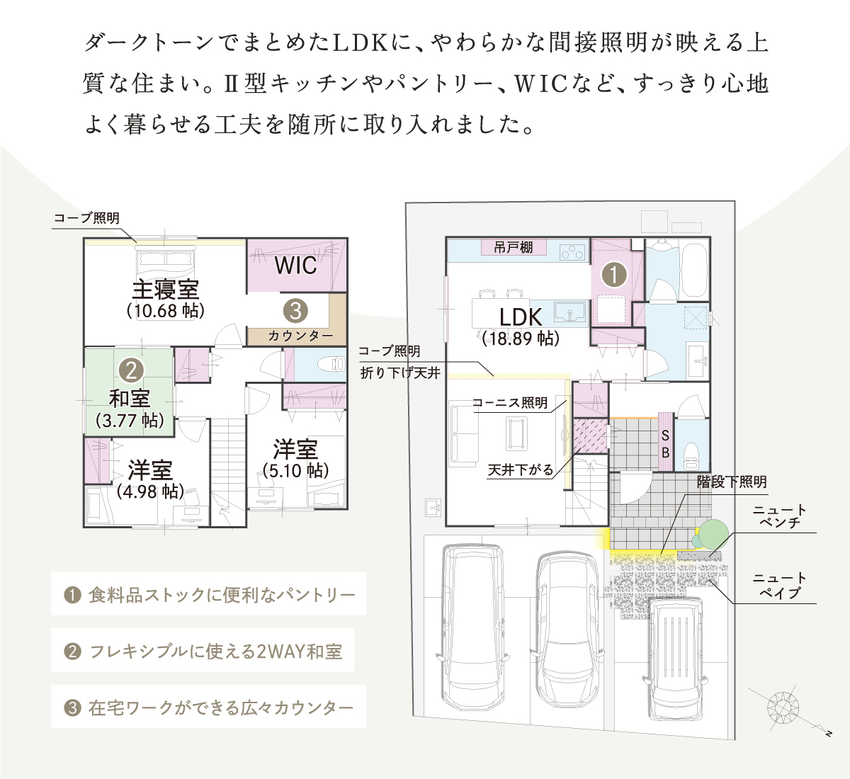 ダークトーンでまとめたLDKに、やわらかな間接照明が映える上質な住まい。Ⅱ型キッチンやパントリー、WICなど、すっきり心地よく暮らせる工夫を随所に取り入れました。